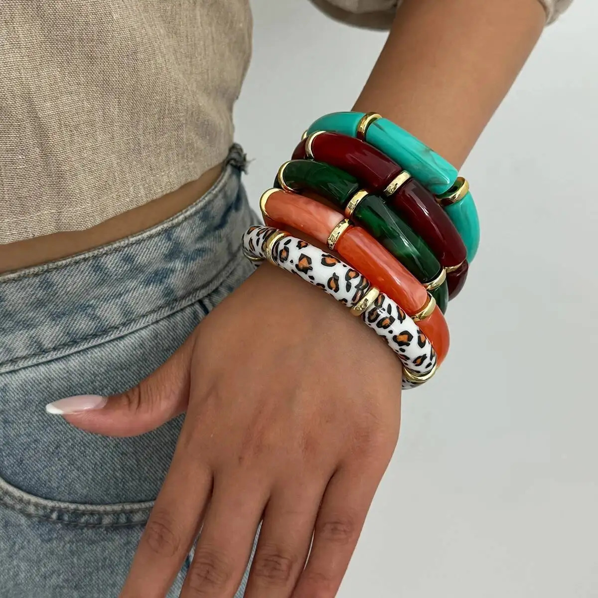 Ingemark 10 Colors Vintage Stackable Resin Bracelet Bohemian Round Tube Leopard Elastic Beaded Bangle Jewelry Gift 251219
