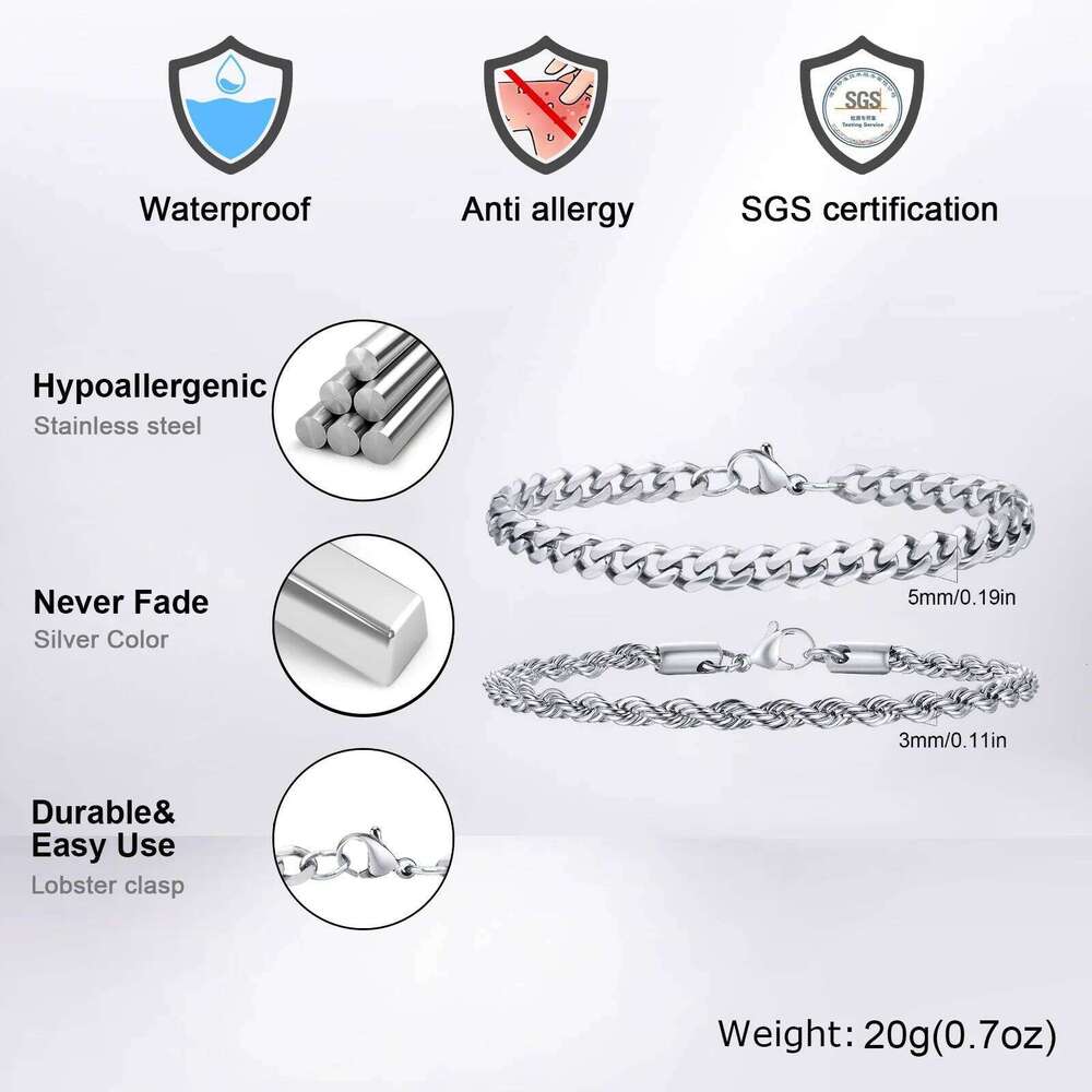 2pcs Men's Bracelets,Stainless Steel Silver Gold Black Color Twist Rope Chain Wristband,Trendy Cuban Link Chains Gift 25T1226