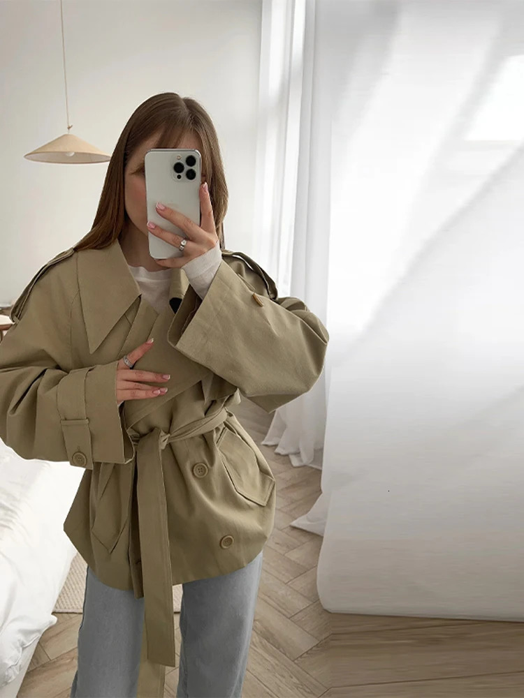Autumn Lace Up Trench Coat Women Apricot Loose Large Lapel Long Sleeves Short Windbreaker Chic High Street Lady Outerwear 251222