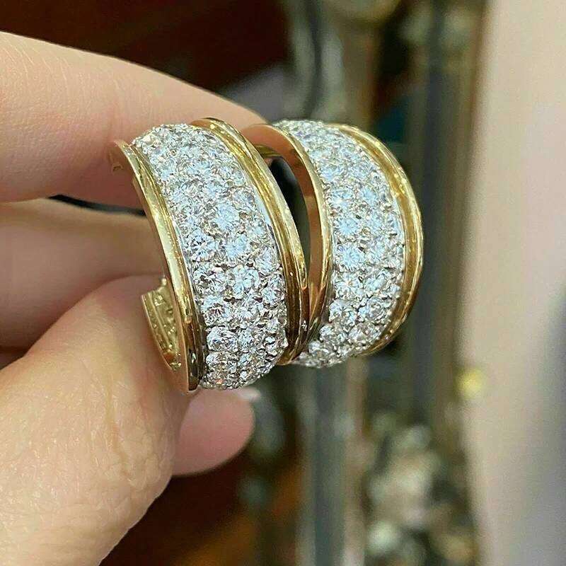 Huitan Trendy Two Tone Hoop Earrings Full Cubic Zirconia Luxury Ear Accessories for Women Daily Wear Fashion Versatile Jewelry