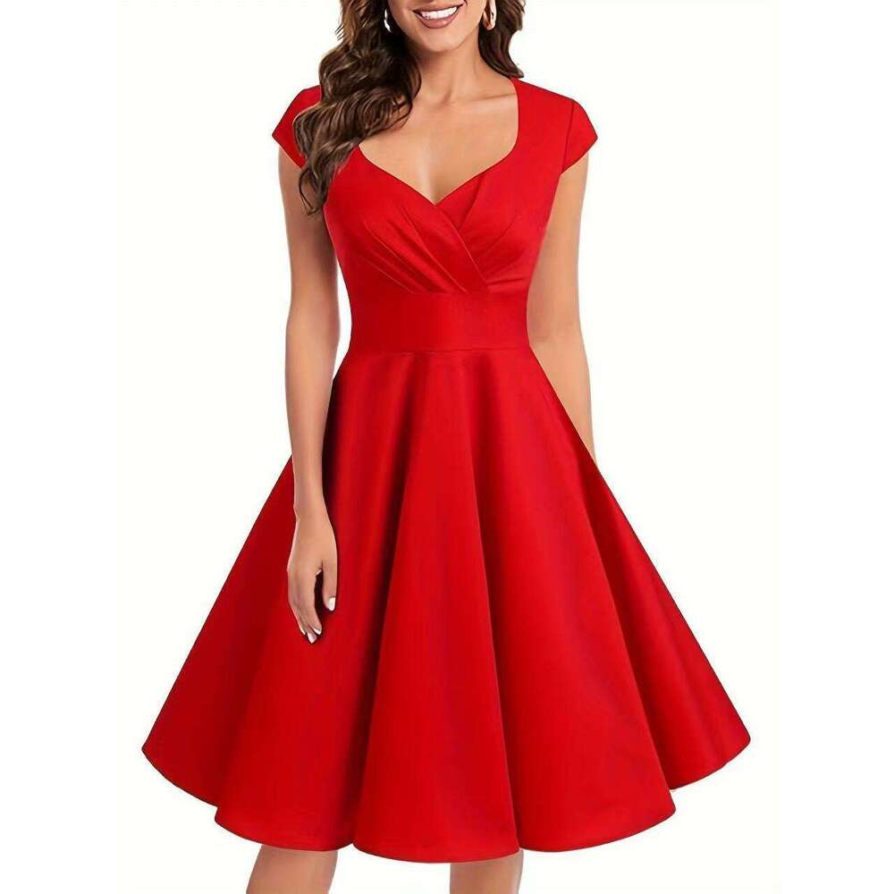 Dress for Women New Retro V-Neck Half-Sleeve Waist-Cinching Solid Color Flared Dress Light Luxury Elegant Daily Party Wear