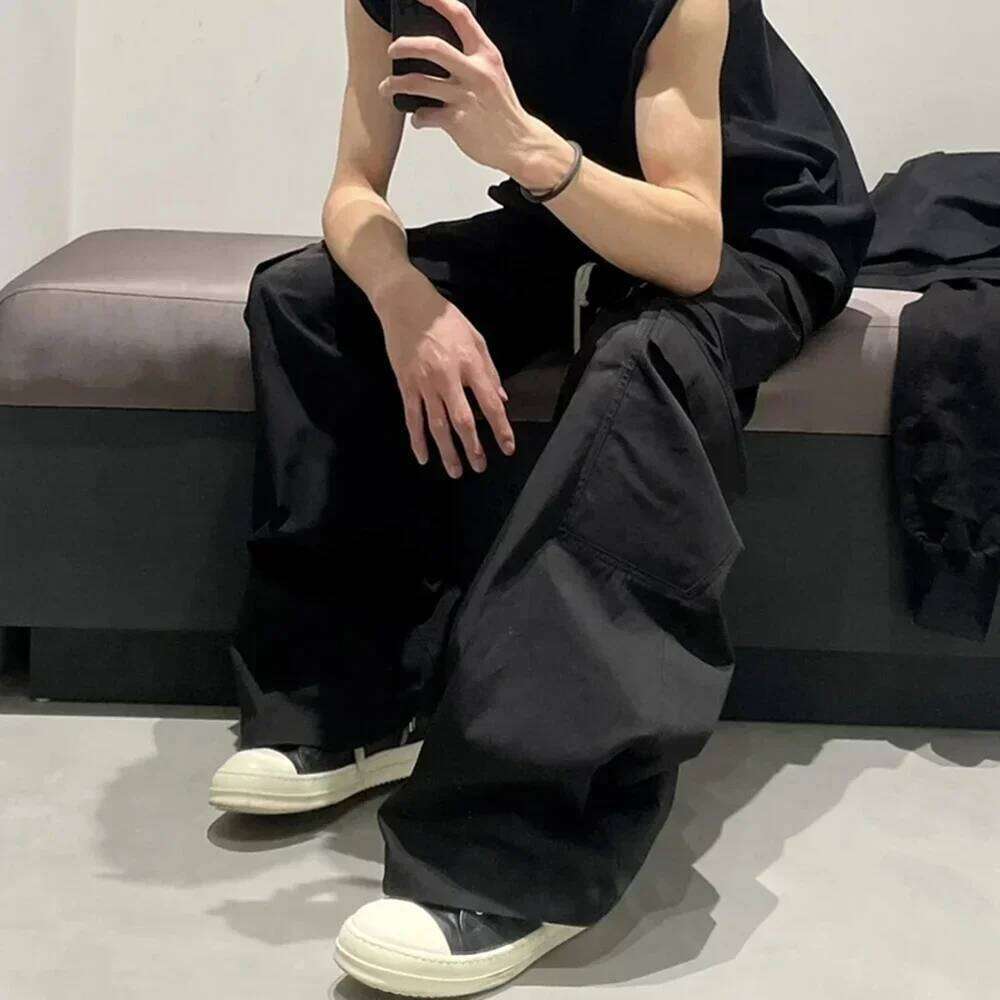 Unisex Straight Baggy Casual Overalls Men's Streetwear Loose Ro Style Wide Leg Drawstring Black Cargo Pants Oversized Trousers