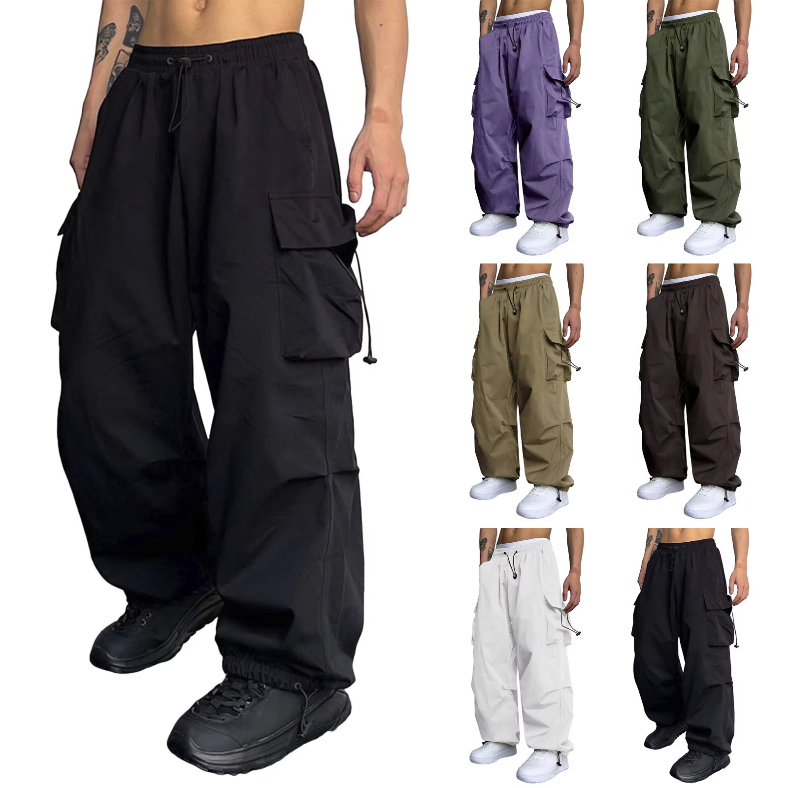 Summer Quick Drying Work Pants Men's American Parachute Pants High Waist Wide Leg Casual Sports Long Pants