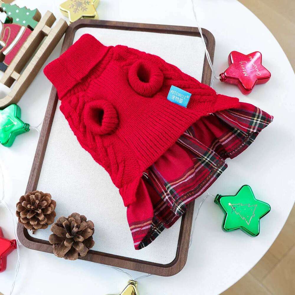 Pet Sweater Cat Dog Red Christmas Dress with Bow Decoration Wool Skirt Knitted Thread 25T1226