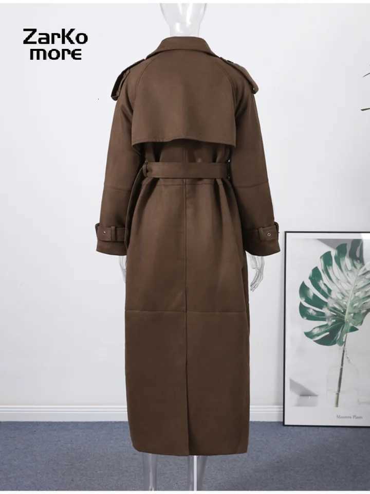 Chic Solid Belt Long Trench Coat Women Lapel Double Breast Full Sleeve Windbreaker 2025 Autumn Winter Lady Commute Coat NewT251226