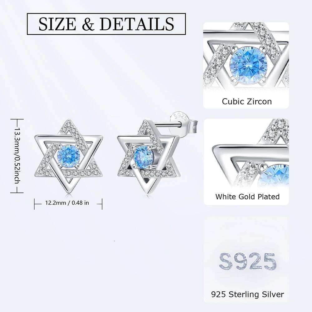 925 Sterling Silver Star Of David Stud Earrings With Blue Round Zircon Birthday Christmas Jewelry Gifts For Women Girls Friends 25H1226