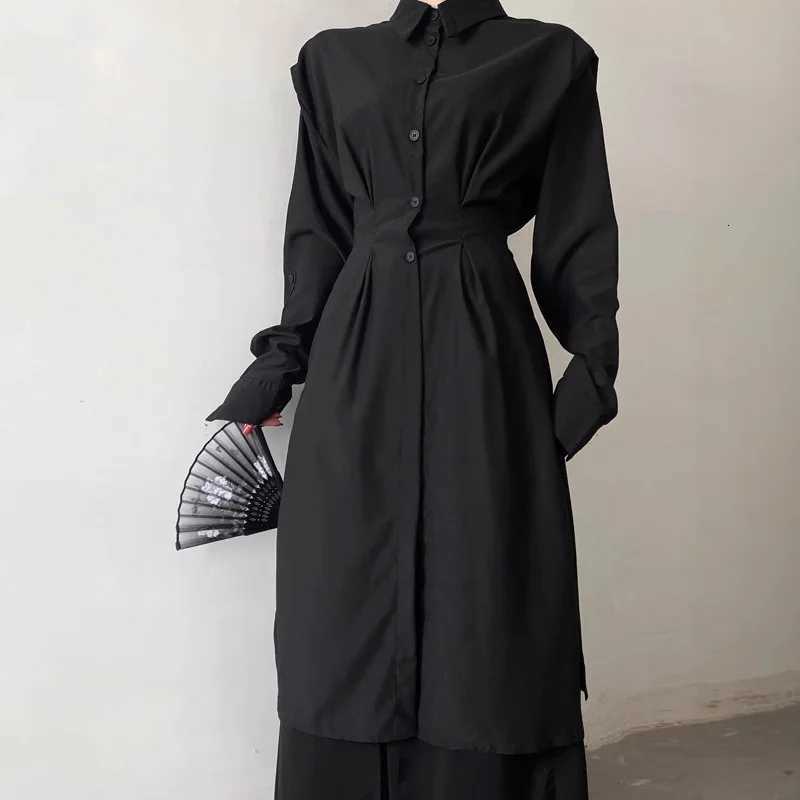 Fashion Womens Long Trench Shirt Dress Minimalism Black Dark Style Y2k Punk Streetwear Casual Womens Clothes YY Japan StyleT251226