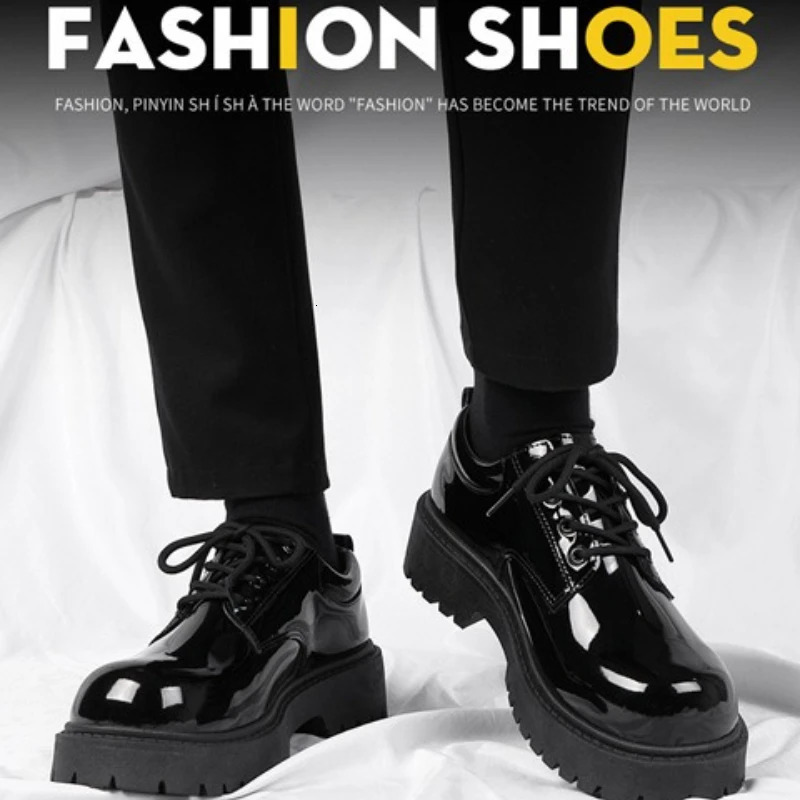 Mens Glossy Patent Leather Derby Shoes British-Style Round-Toe Boots Comfortable Formal/Casual Office Footwear for Wide Feet 251225