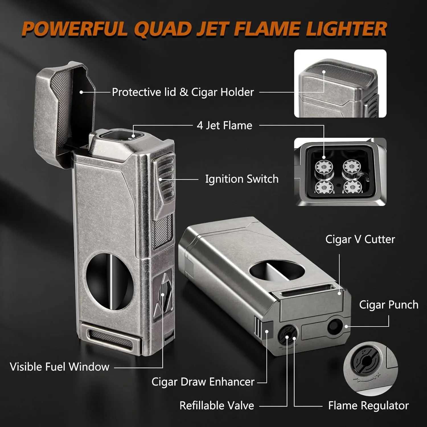 Scotte Cigar Lighter 4 Jet FlameRefillable Butane Lighter with Cigar Cutter V Cut Cigar Punch Cigar Holder Cigar Draw Enhancer Y251218