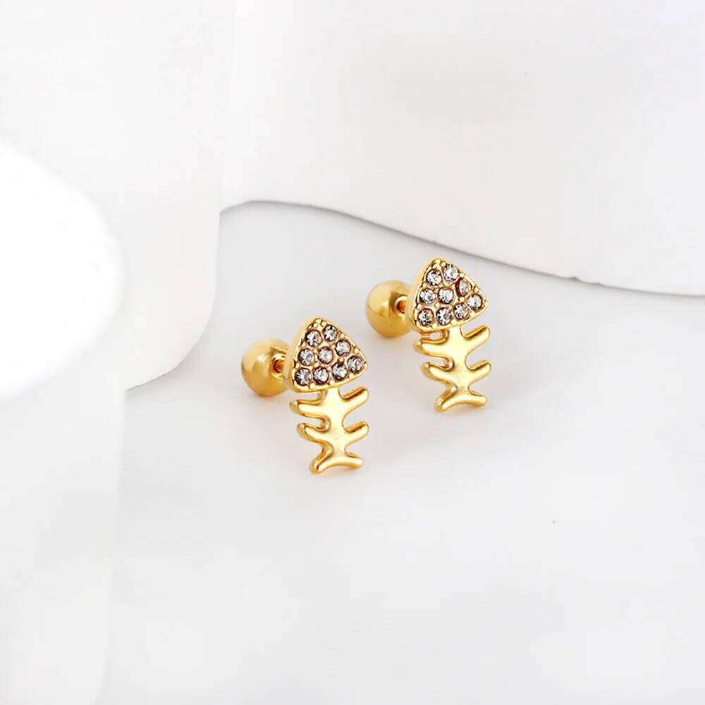 New Earrings Suitable for Women and Girls Accessories Gifts Cubic Zirconia Steel Balls Screw Plugs Fish Bones Jewelry 25H1226