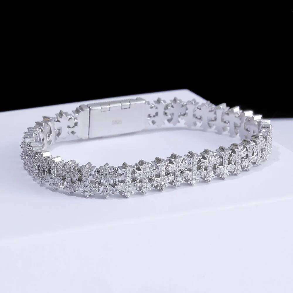 jewelry 925 Silver VVS Moissanite Bracelet 8MM Iced Out Snowflake Cross Chain Pass GRA Diamond Test In Stock