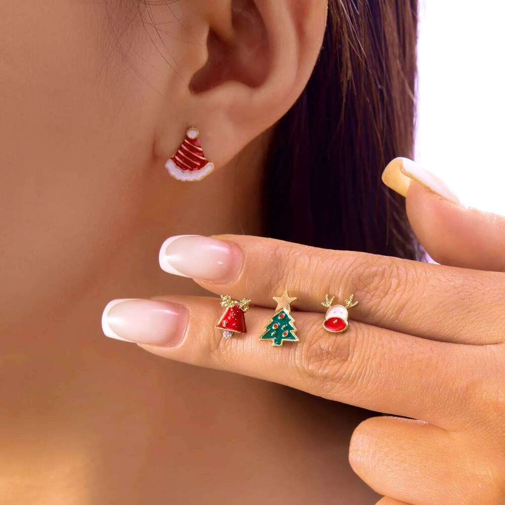 4 Pcs/Set Cute Enamel Christmas for Women Small Elk Bell Xmas Tree Stud Earrings New Year Festival Party Jewelry Gifts 25H1226