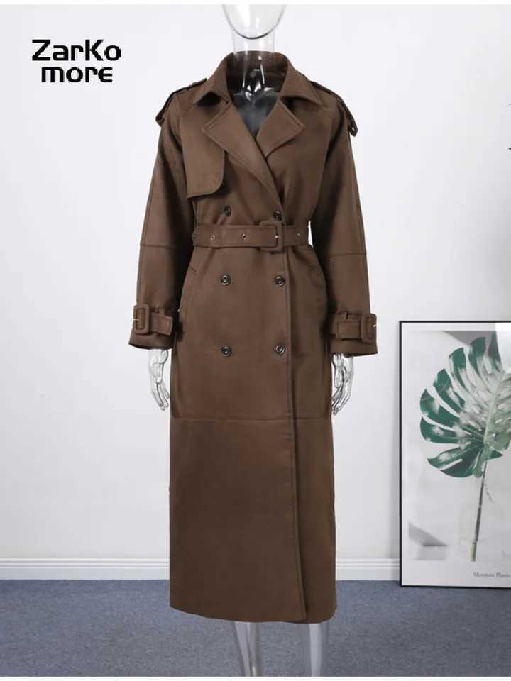 Chic Solid Belt Long Trench Coat Women Lapel Double Breast Full Sleeve Windbreaker 2025 Autumn Winter Lady Commute Coat NewT251226