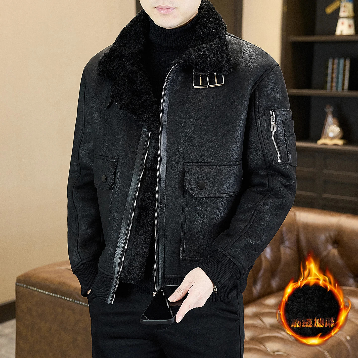 A high-quality fashionable and stylish mens fur coat with a thick and fleece fur collar and loose jacket for winter 251222