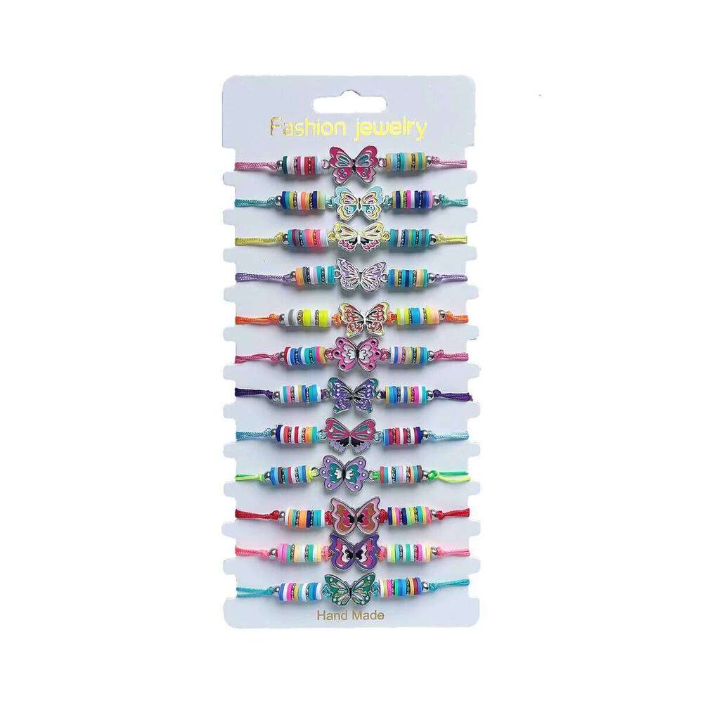 12Pcs/set Exquisite And Cute Colorful Butterfly Decor Adiustable polymer Clay Beaded Bracelet For Festivals &Birthday Gifts 25T1226