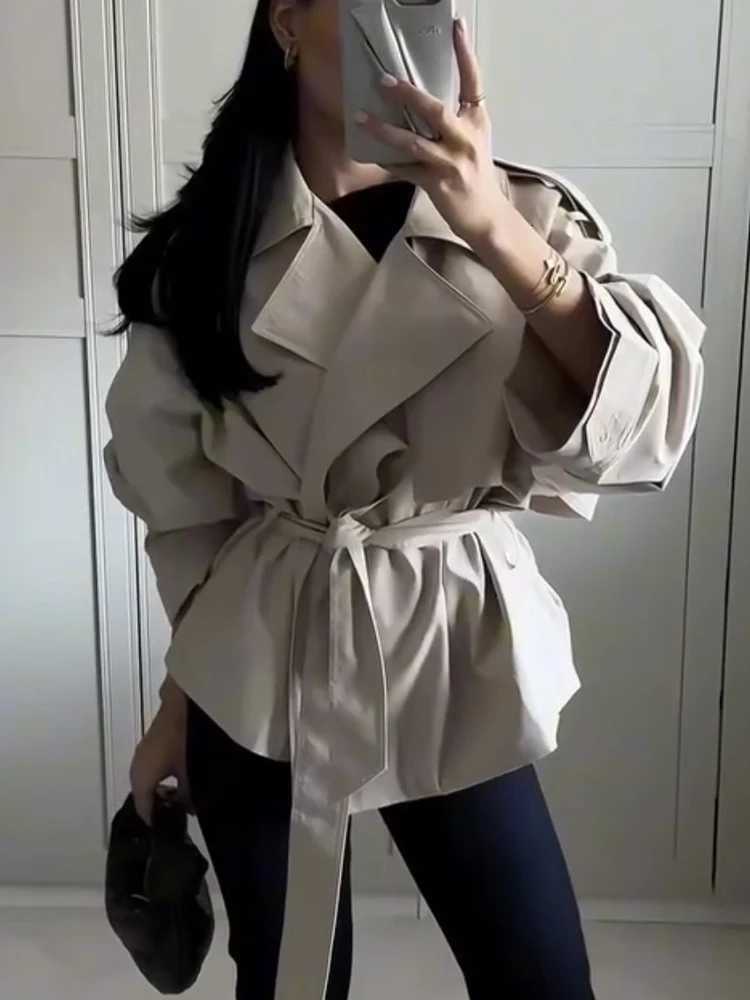 FSMG Casual khaki Lace Up Belted Waist Trench Coats Elegant Loose Lapel Full Sleeves Cropped Overcoat Lady High Street OuterwearT251226