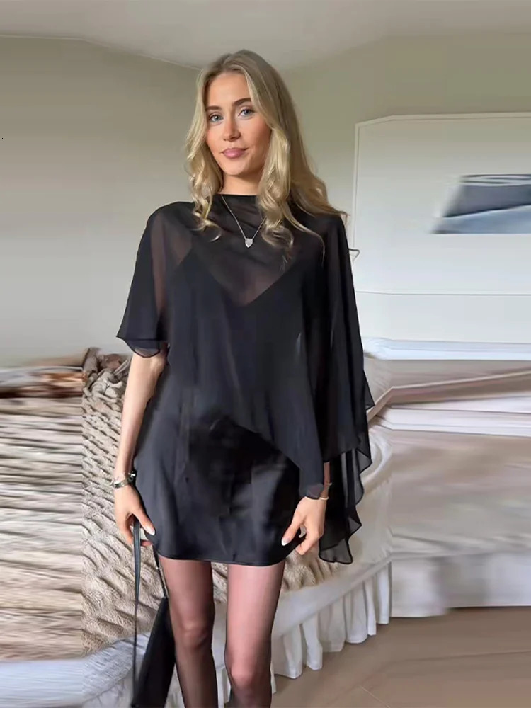 Women Sexy Black V-neck Short Sling Dress With Shawl Fashion Sleeveless High Waist Slim Solid Mini Dresses Lady Chic Party Robes 251225