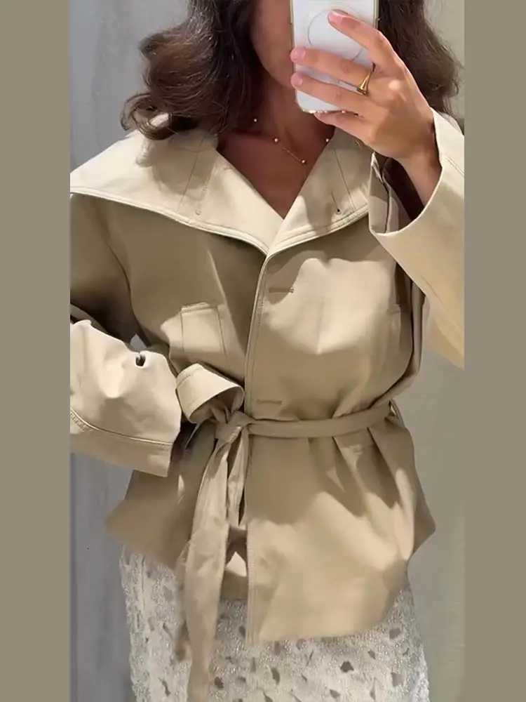 Elegant Office Womens Cropped Trench Coat Jackets Oversized Wide Lapel Self Tie Waist Jacket Vintage Lace-up Autumn OuterwearT251226
