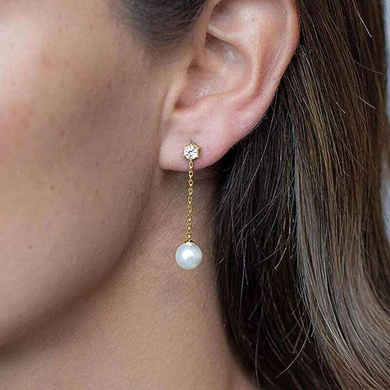 Huitan Delicate Hanging Drop Earrings Lady Simulated Pearl Pendant Accessories Wedding Shiny Zirconia Jewelry for Engagement