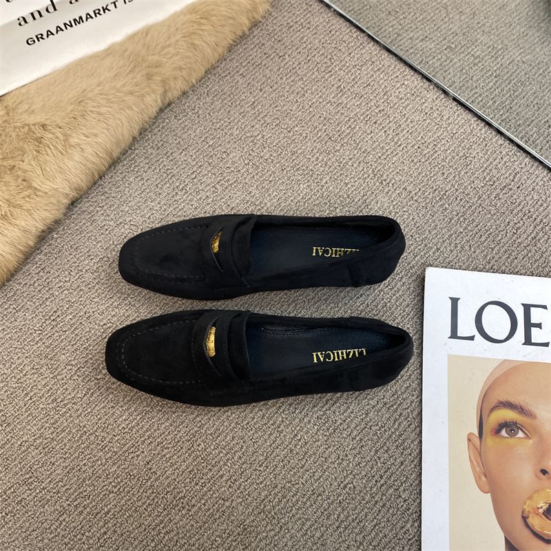 2025 Spring New Style Small Gold Coin Loafers for Women Flat Fashionable Comfortable Brown British Style Small Leather Shoes Suede Single Shoes
