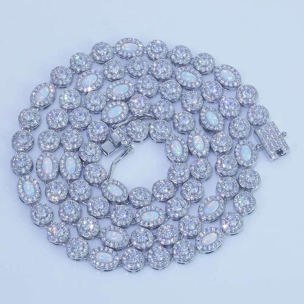 Hip Hop Moissanite Necklace 925 Sterling Silver White Vvs Moissanite&Flame Opal Tennis Chain Fine Jewelry