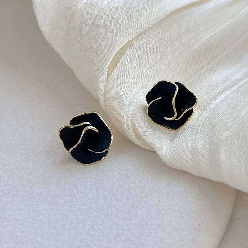 LATS Black Flower Stud for Women Folded Unique Design Enamel Multi-layers Floral Small Earrings Fashion Jewelry 25H1226
