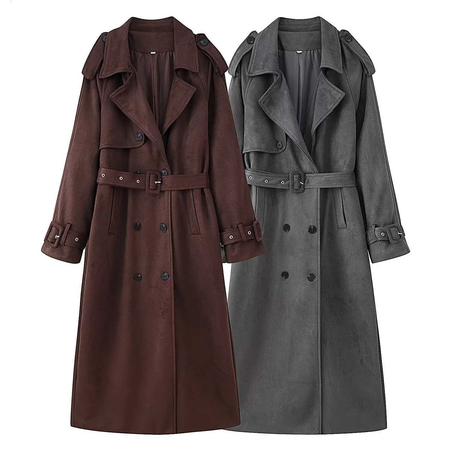 Women Retro Solid Suede Long Trench Coat With Belt Lapel Double-Breasted Jacket Pockets 2025 Autumn Winter New Lady OutwearT251226