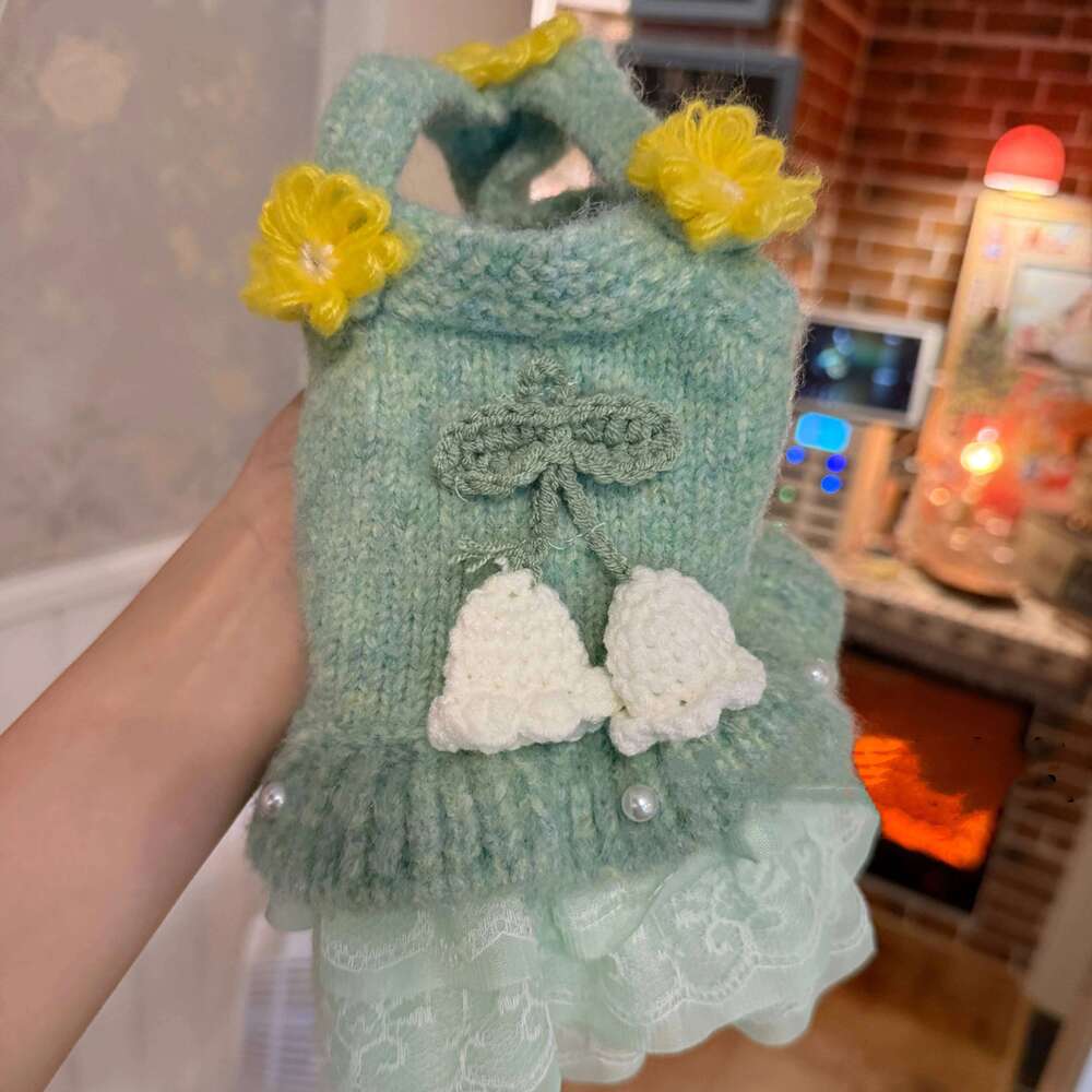 Green Bellflower Design Exquisite Pet Knitted With Pearl Lace - Autumn Dog Dress Sweater 25T1226