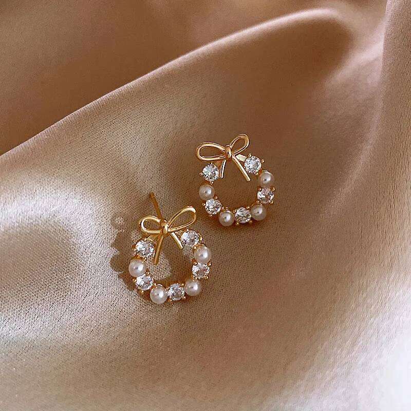 FTCY Minimalist Round Bow Knot For Women Rhinestone Imitation Pearl Stud Earrings Party Wedding Jewelry Gifts 25H1226