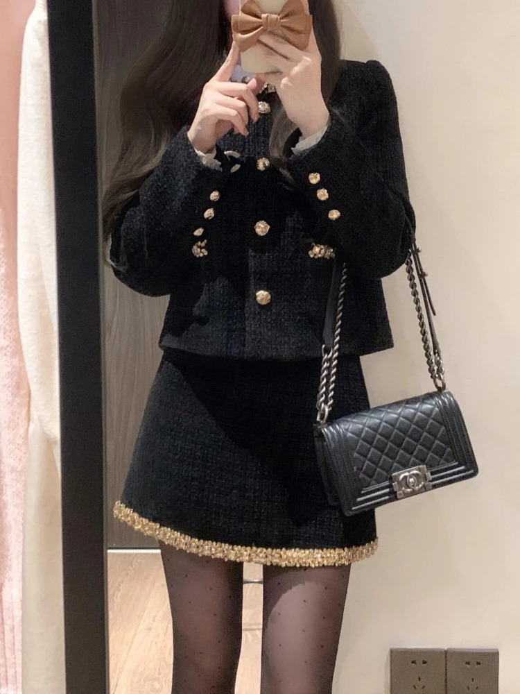 Winter Korean Fashion Womens Two Pieces Set Blazer and Skirt Slimming Button Office Lady Casual Tweed Suit Female Clothing 251211