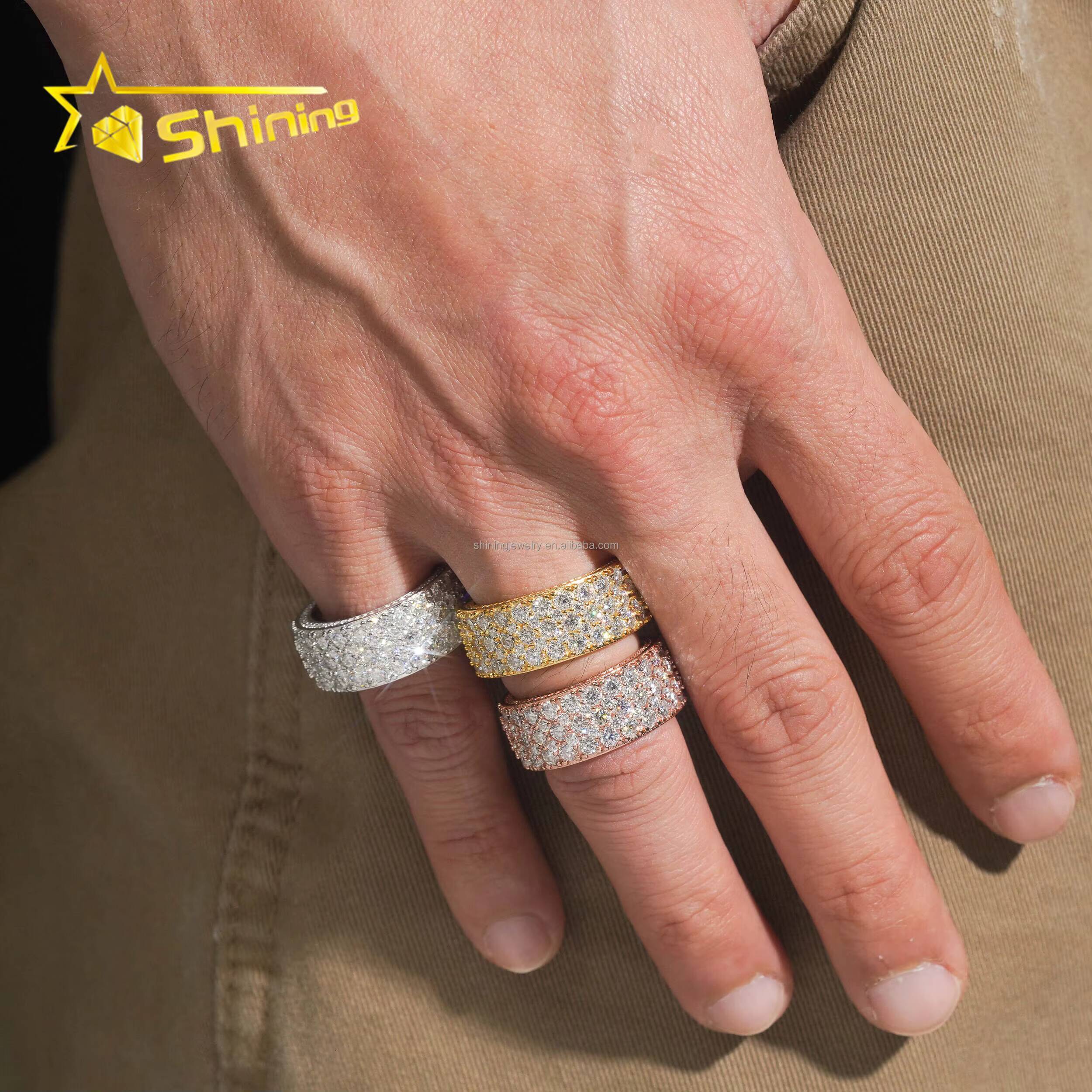 New Arrivals Bulk Stock 3Rows Stone Iced Out Jewelry Engagement Rings 925 Silver Jewelry Moissanite Diamond Eternity Band Ring