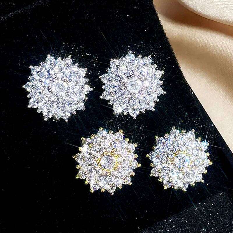 Huitan Flower Shaped Women Stud Earrings Party Daily Engagement Trendy Jewelry Inlaid Shiny CZ Wedding Versatile Accessories