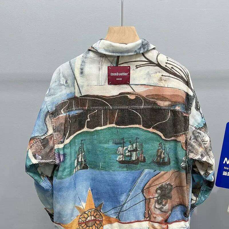 Original Jacket Korean Port Style Printed Lapel Trend Casual Loose Coat Men's New China-Chic