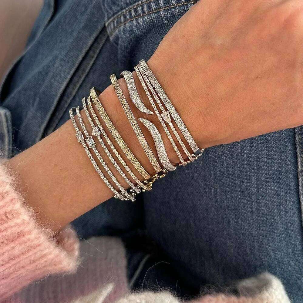 Open Adjusted Size Wave Band Micro Pave CZ Gold Plated Bangle Bracelet For Women Classic Simple Fashion Jewelry 25T1226