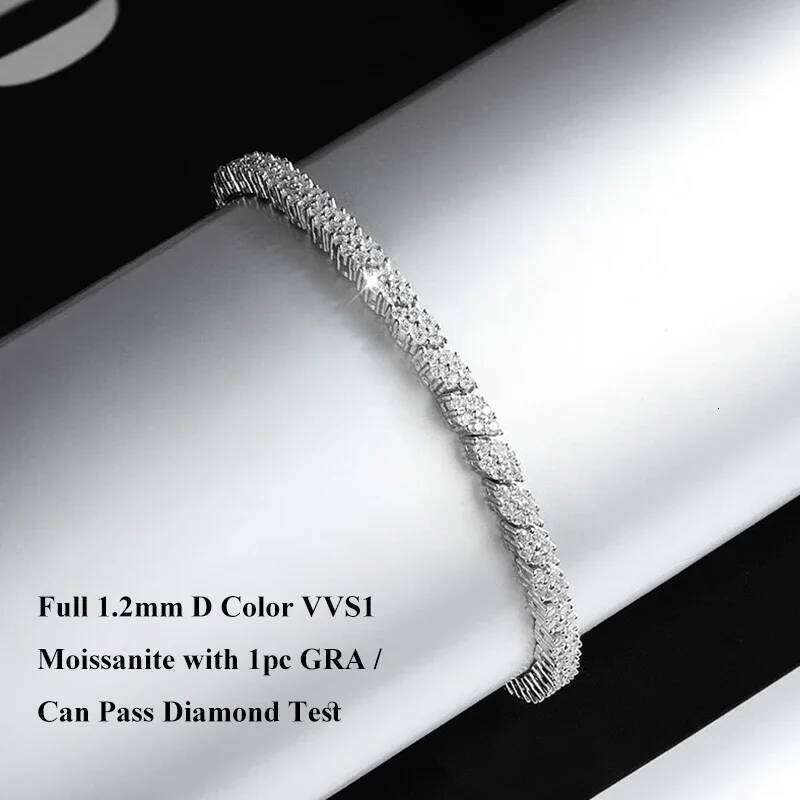 EWYA 2025 New In Rhombus Shape Full 1.2mm D Color Moissanite Tennis Bracelet For Women 925 Silver Diamond Link Chain Bracelets 25T1226