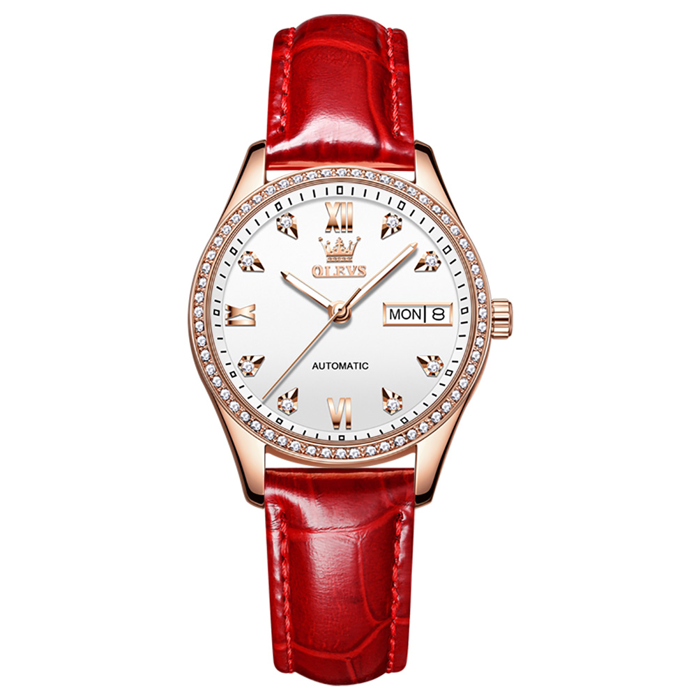 OLEVS Light luxury, elegant, high-end, diamond studded, romantic, dual calendar, fully automatic mechanical watch, leather waterproof women's wat