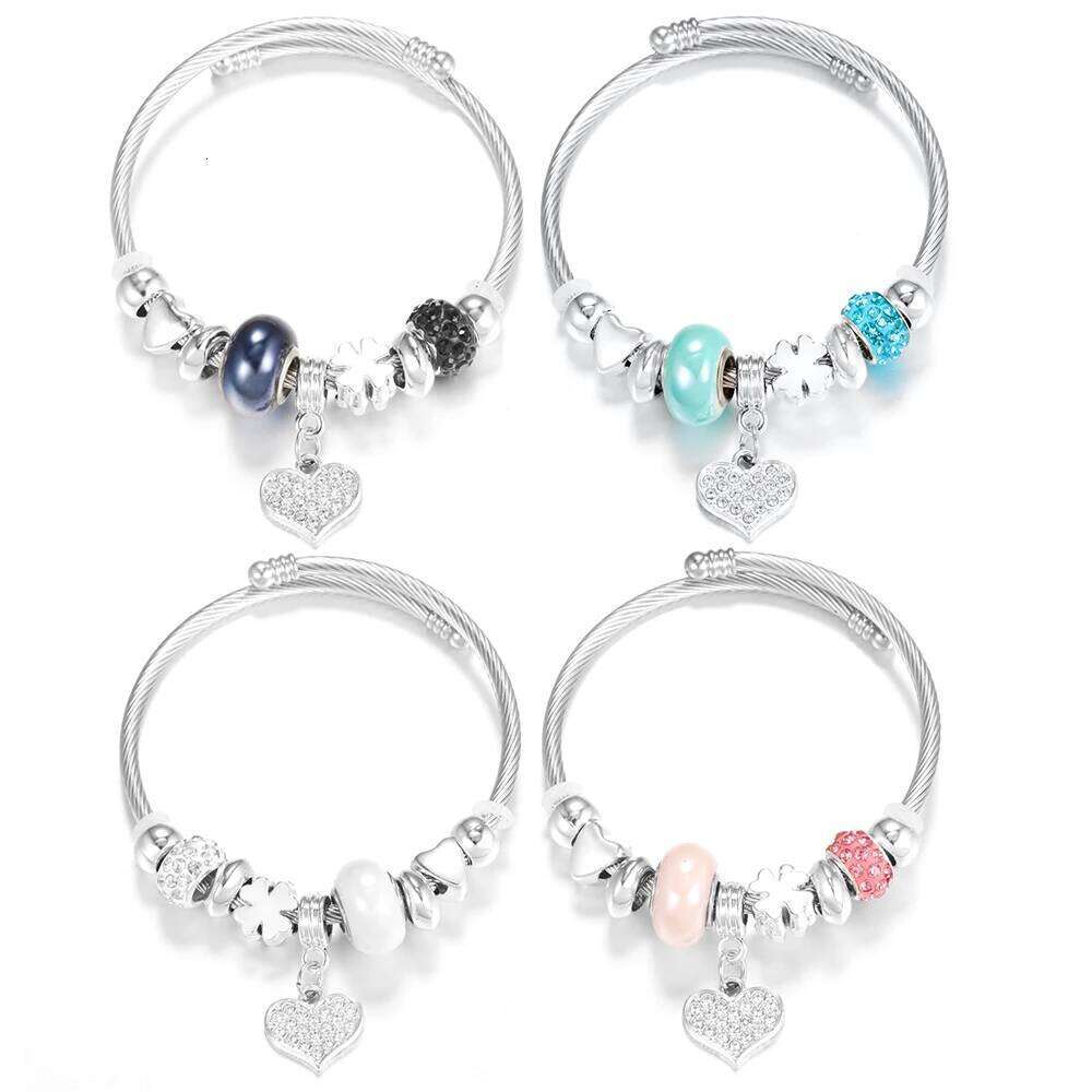 Heart-Shaped Rhinestone Stainless Steel Beaded Bracelet Women Glamorous Crystal 4 Colors Closure Adjustable Bangles Jewelry Gift 25T1226