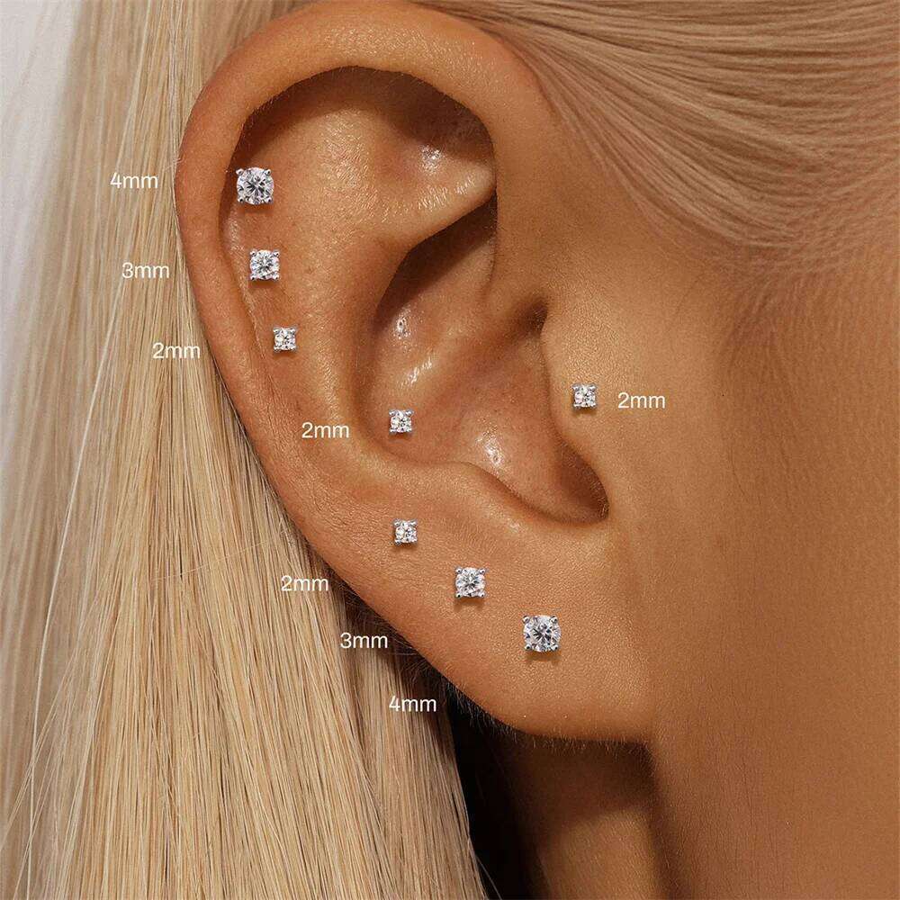 CANNER 1PC 2/3/4mm 4-Prong Moissanite Threaded Cartilage 925 Sterling Silver Stud Earrings For Women Ins Piercing Jewelry Gift 25H1226