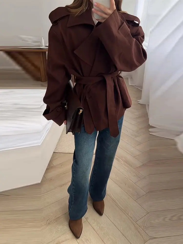 Autumn Lace Up Trench Coat Women Apricot Loose Large Lapel Long Sleeves Short Windbreaker Chic High Street Lady Outerwear 251222