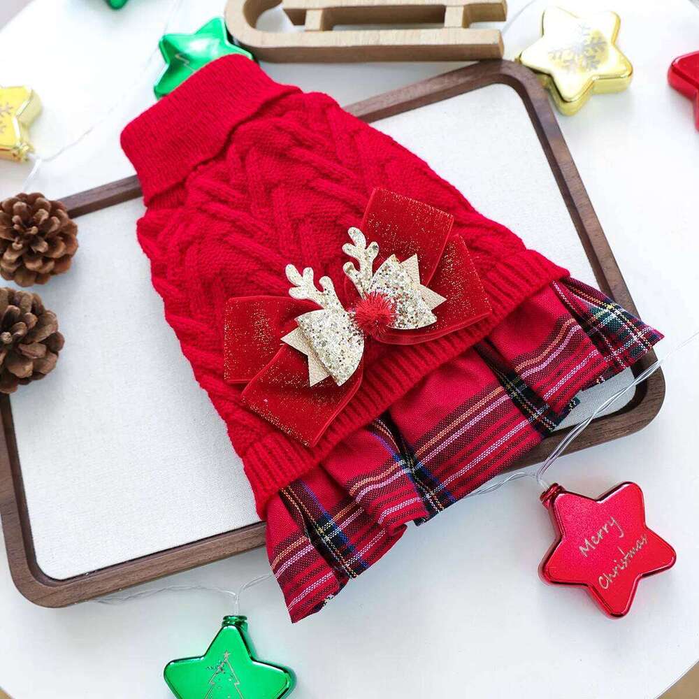 Pet Sweater Cat Dog Red Christmas Dress with Bow Decoration Wool Skirt Knitted Thread 25T1226