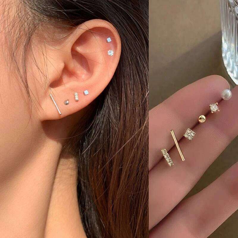 5 Pcs Pearl Crystal Small Stud Earrings Set for Women Girls Fashion Studs Ear Jewelry 25H1226