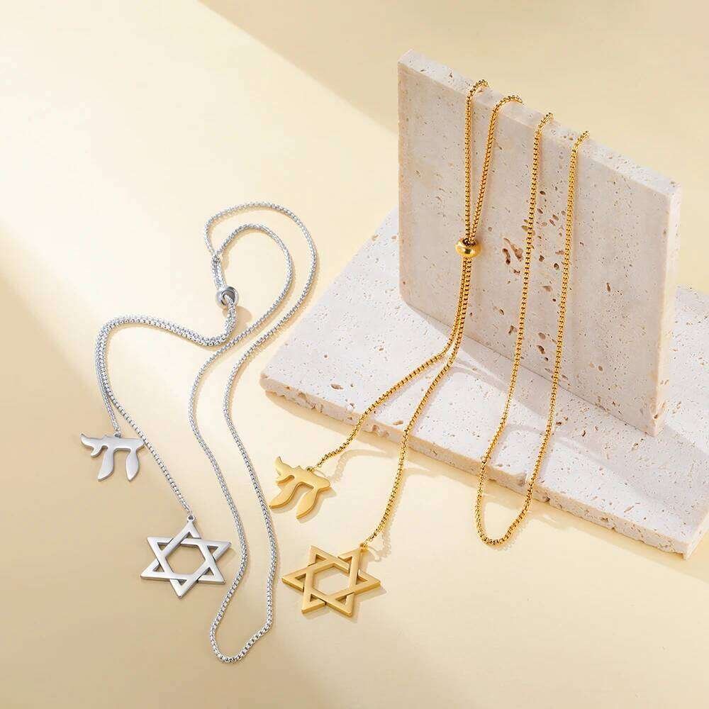 Double Amulet Pendant Long Necklaces Star of David and Jewish Hebrew Chai Necklace Sweater Chain Hexagram Judaism Steel Jewelry 25N1226
