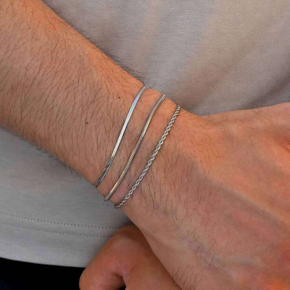 3pcs Men Thin Bracelet,Never Fade Silver Color Twist Chain Wristband,Stylish Punk Jewelry Gift 25T1226