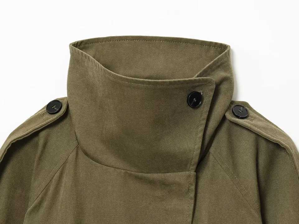 ETJs 2025 autumn new womens wear green workwear style stand-up collar with belt loose windbreaker casual jacketT251226