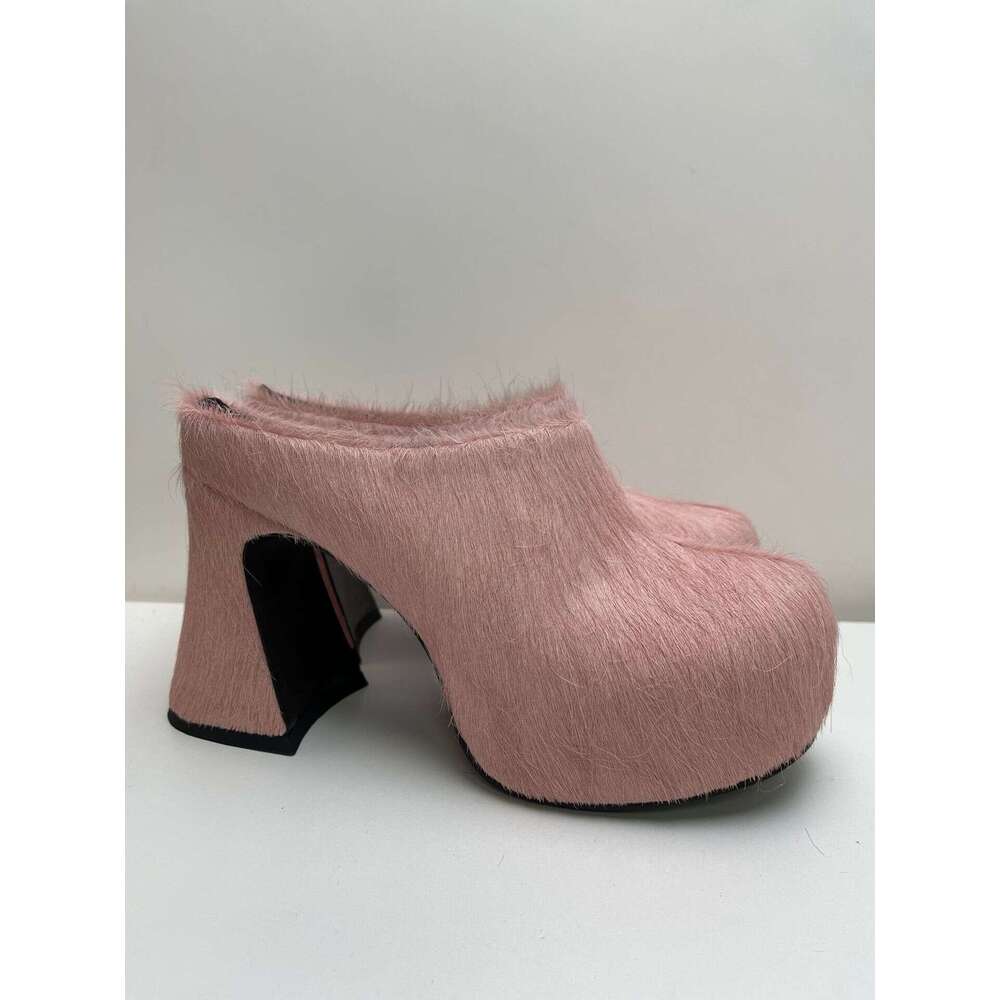 2025 New Foreign Trade Style Closed-Toe Horsehair Chunky Heel Waterproof Mules Thick Sole Platform Plus Size Women's Shoes