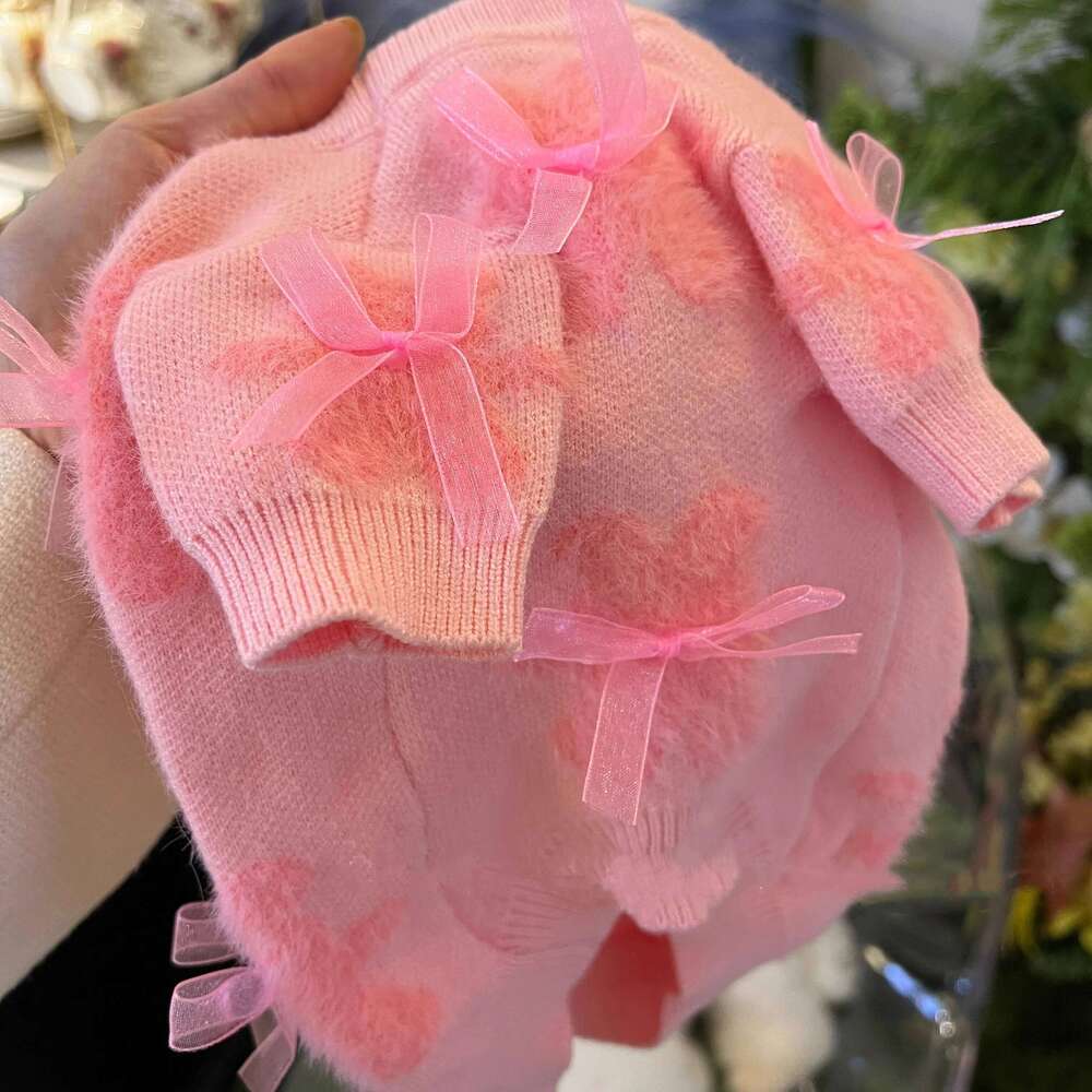 Pink Bow-Shaped Plush, Cute And Warm Design Pet Sweater, Suitable Winter, For Small Dogs' Clothing. 25T1226