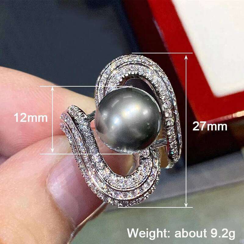 Huitan Luxury Women Rings Black Simulated Pearl Finger Accessories Party Holiday Unique Design Inlaid Shiny CZ Fashion Jewelry