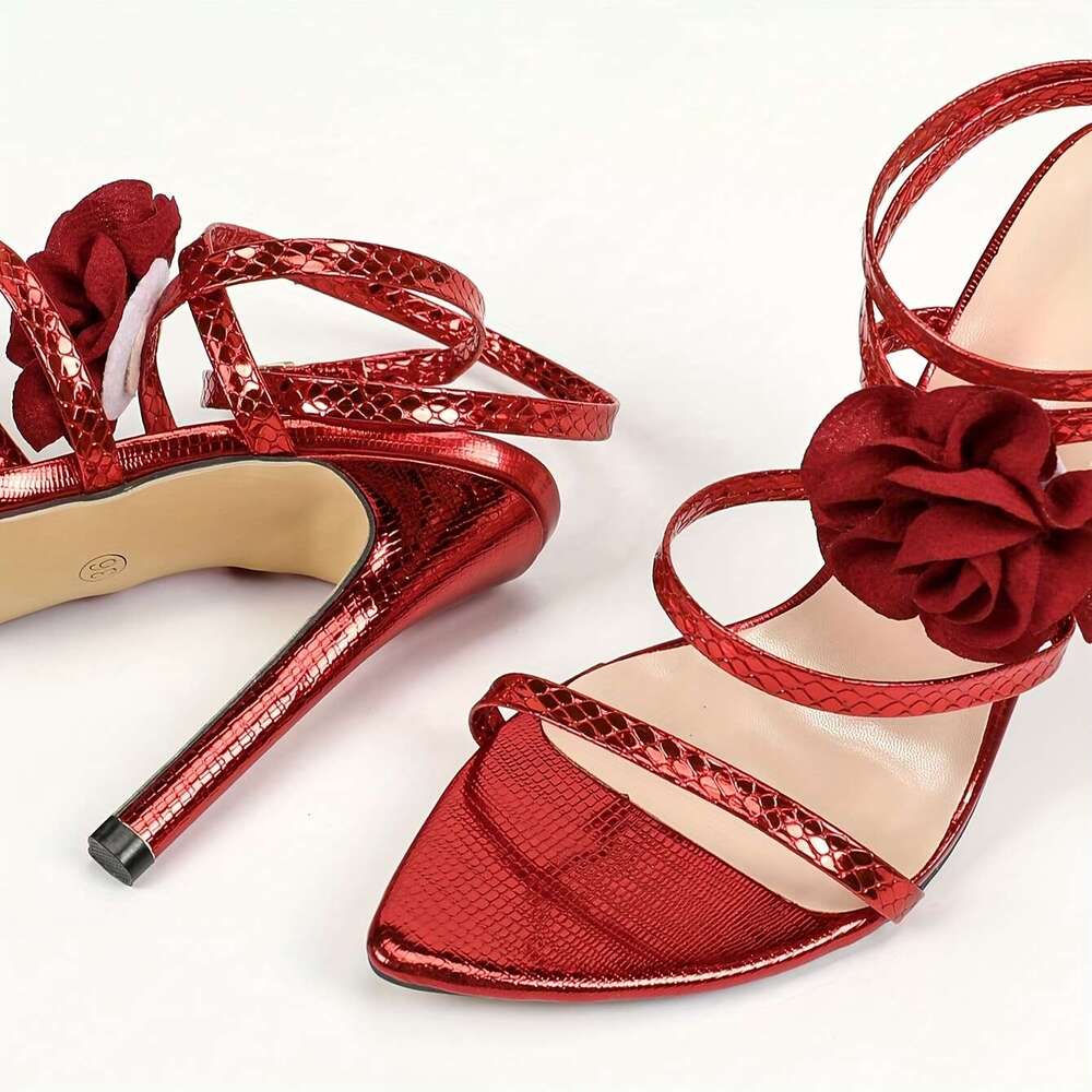 Elegant Red Women Chic Pointed Toe With D Flower Accents Ankle Strap Cross Design Ultra High Heel Perfect For Parties And Formal Events Stiletto Heels