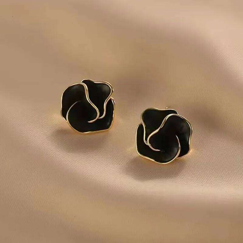 LATS Black Flower Stud for Women Folded Unique Design Enamel Multi-layers Floral Small Earrings Fashion Jewelry 25H1226