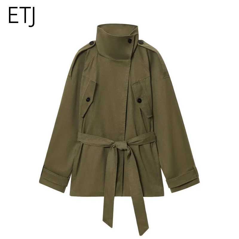 ETJs 2025 autumn new womens wear green workwear style stand-up collar with belt loose windbreaker casual jacketT251226